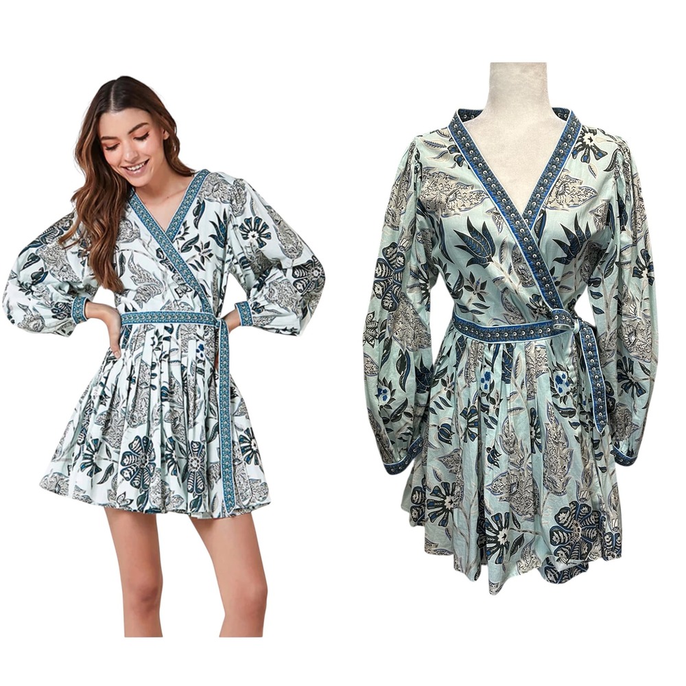 OMIKA Mini Rae Wrap Dress Pleated Blue Floral Sz M Long Sleeve Belted Feminine‎